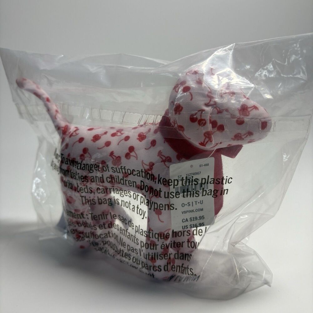 PINK Victoria's Secret Galantines Day Cherry Print Stuffed Dog Plush Seasonal - Picture 3 of 3